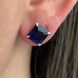 BRINCO PRATA ZIRCONIA SAFIRA AZUL QUADRADA