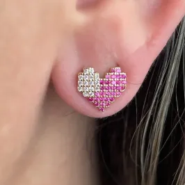 BRINCO CORAÇÃO CRAVEJADO ROSA E CRISTAL