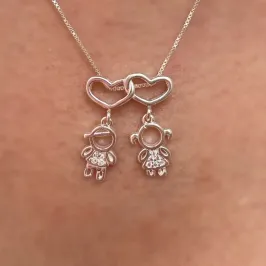 GARGANTILHA PRATA CASAL FILHOS COM CORAÇÃO DUPLO