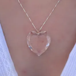 GARGANTILHA PRATA CORAÇÃO PEDRA CRISTAL GRANDE