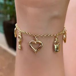 PULSEIRA CORAÇÕES COM CADEADO E CHAVE