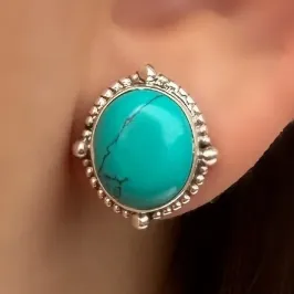 BRINCO PRATA PEDRA OVAL TURQUESA NATURAL