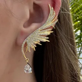 BRINCO EAR CUFF ASA CRAVEJADA GOTA PENDURADA