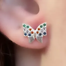BRINCO PRATA BORBOLETA CRAVEJADA COLORS