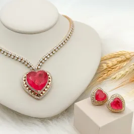 CONJUNTO RIVIERA CORAÇÃO FUSION ROSA CRAVEJADO