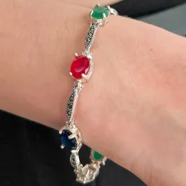 PULSEIRA PRATA BALI MARCASSITAS E PEDRAS COLORS