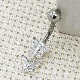 PIERCING PRATA UMBIGO  2 BORBOLETAS PEDRAS CRISTAIS