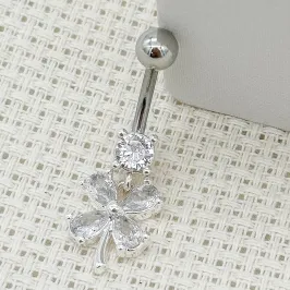 PIERCING PRATA UMBIGO TREVO PEDRA CRISTAL