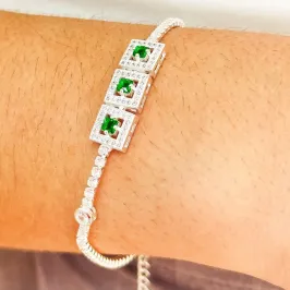 PULSEIRA PRATA RIVIERA CRAVEJADA PEDRA VERDE ESMERALDA
