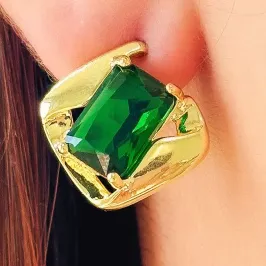 BRINCO ORGÂNICO PEDRA RETÂNGULAR VERDE ESMERALDA