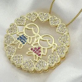 GARGANTILHA MANDALA CASAL CRAVEJADO ZIRCONIAS AZUIS E ROSA