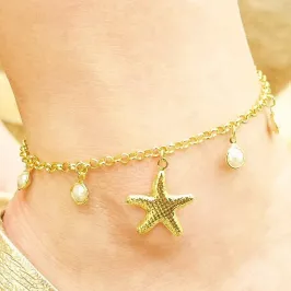 TORNOZELEIRA ESTRELA DO MAR COM PEROLAS