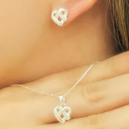 CONJUNTO PRATA CORAÇÃO ENTRELAÇADO