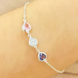 PULSEIRA PRATA 3 CORAÇÕES PEDRAS COLORS
