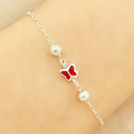 PULSEIRA PRATA BORBOLETA VERMELHA COM BOLAS