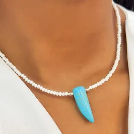 GARGANTILHA PRATA DENTE PEDRA TURQUESA NATURAL