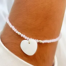 PULSEIRA PRATA CRISTAIS ROSA COM CORAÇÃO MADRE PEROLA