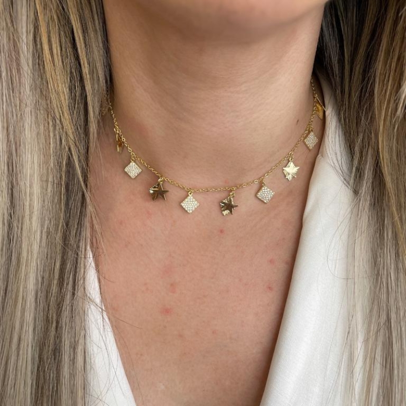 CHOKER ESTRELA E LOSANGO CRAVEJADO