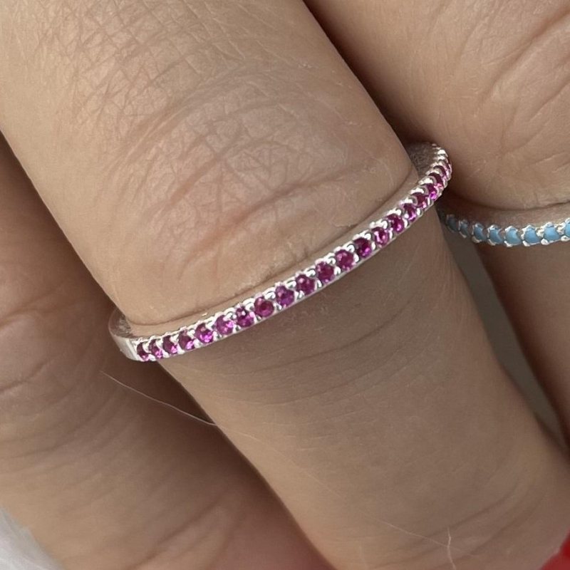 ANEL PRATA MEIA ALIANÇA CRAVEJADA ROSA