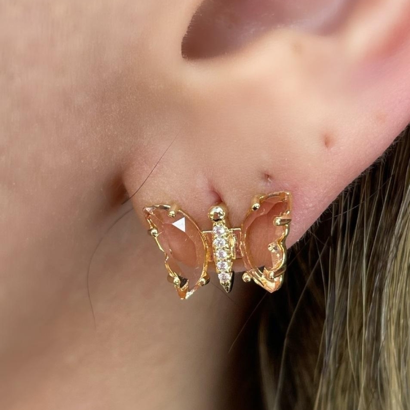 BRINCO BORBOLETA CRAVEJADA PESSÊGO