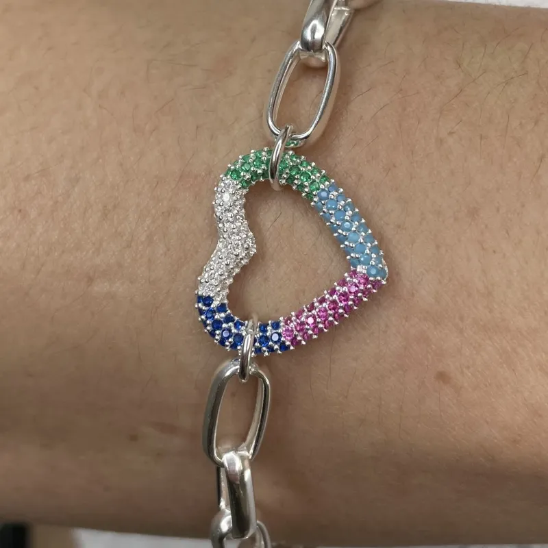 PULSEIRA PRATA CORAÇÃO CRAVEJADO COLORS