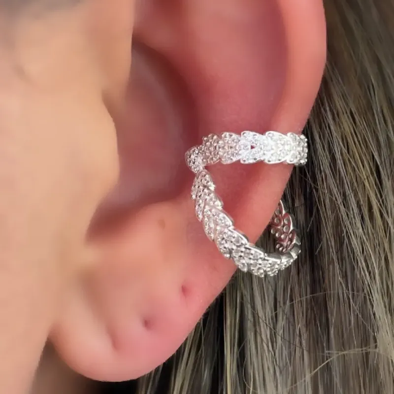 PIERCING FAKE PRATA FOLHAS CRAVEJADO