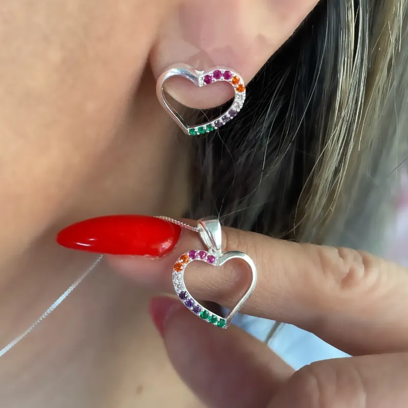 CONJUNTO PRATA CORAÇÃO CRAVEJADO