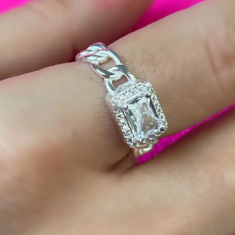 ANEL PRATA ELO GRUMET COM PEDRA CRISTAL CRAVEJADO