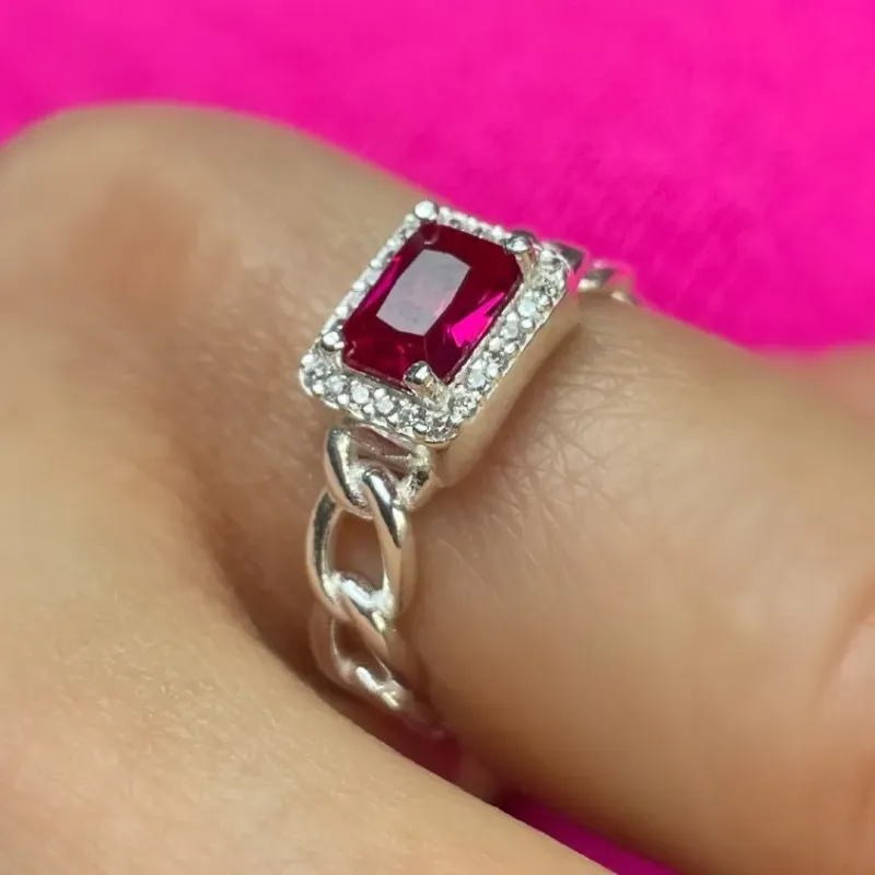 ANEL PRATA ELO GRUMET COM PEDRA RUBI CRAVEJADO