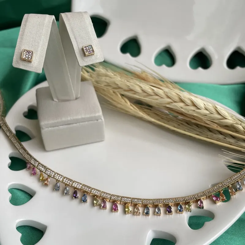 CONJUNTO LUXURY COLAR E BRINCO CRAVEJADO GOTAS COLORS