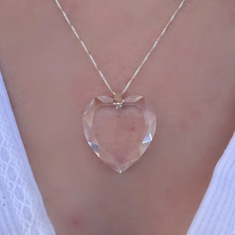 GARGANTILHA PRATA CORAÇÃO PEDRA CRISTAL GRANDE