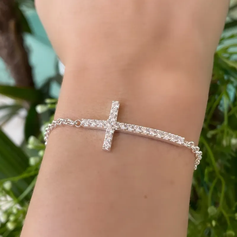 PULSEIRA PRATA CRUZ CRAVEJADA CRISTAL