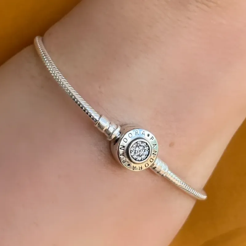 PULSEIRA PRATA FECHO PANDORA REDONDO LISO E CRAVEJADO 2,5MM
