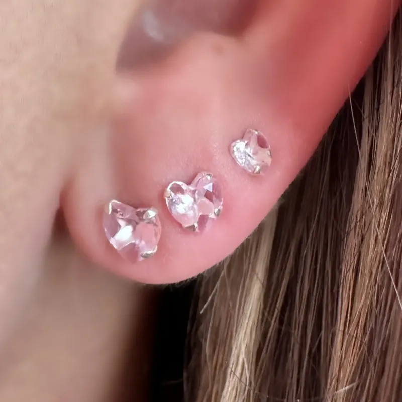 BRINCO PRATA TRIO CORAÇÃO ROSA 4,5,6mm