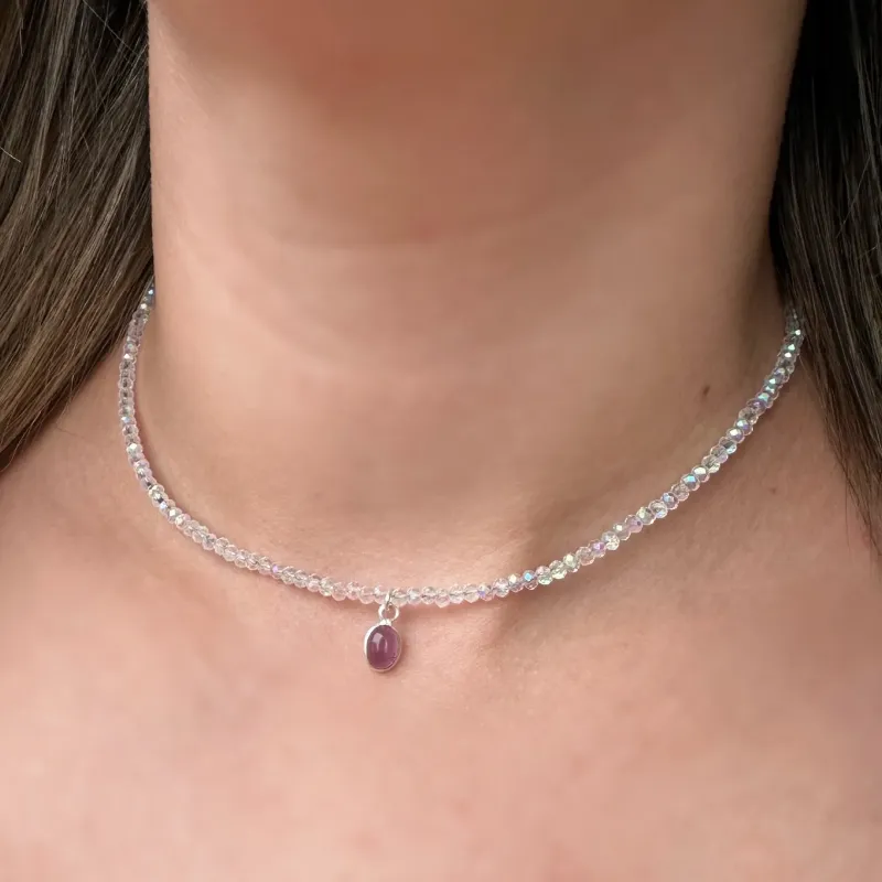 COLAR PRATA CRISTAL BOREAL COM PEDRA LILÁS