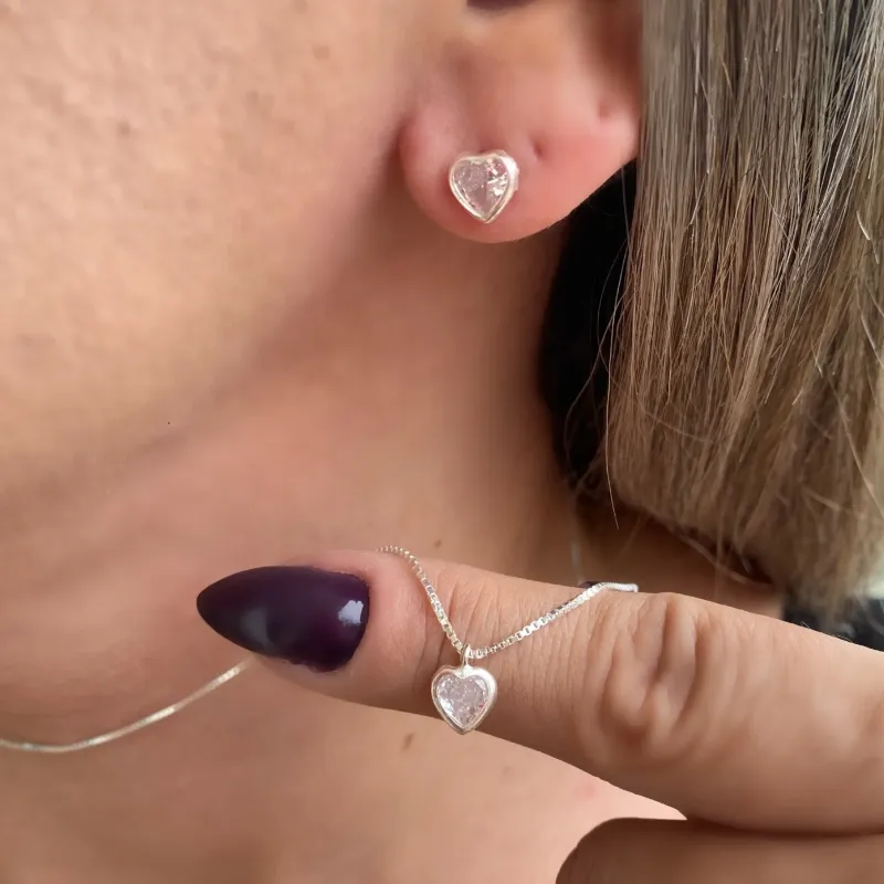 CONJUNTO PRATA CORAÇÃO ZIRCONIA CRISTAL
