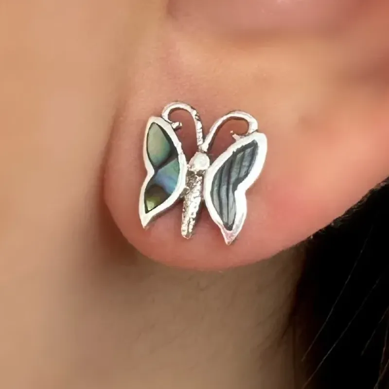 BRINCO PRATA BORBOLETA PEDRA ABALONE