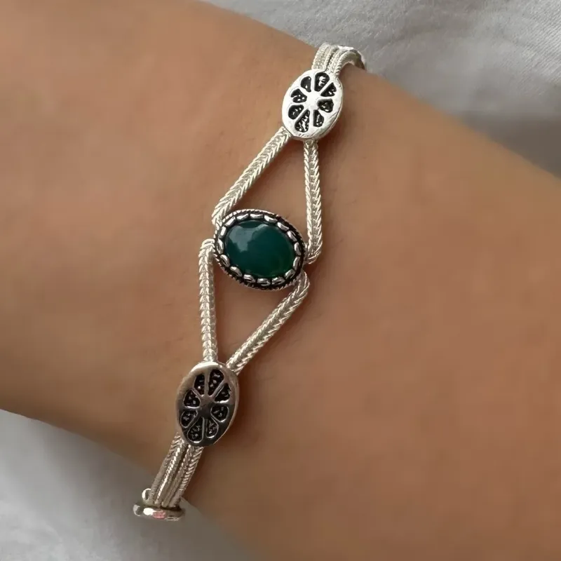 PULSEIRA PRATA PEDRA ÁGATA VERDE NATURAL