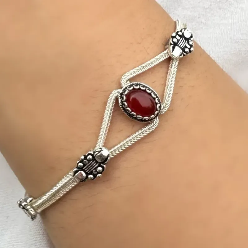 PULSEIRA PRATA PEDRA ÁGATA VERMELHA NATURAL