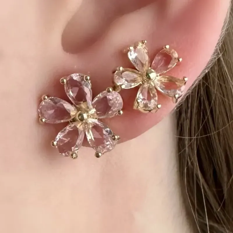 BRINCO DUPLA FLOR ZIRCONIAS ROSA