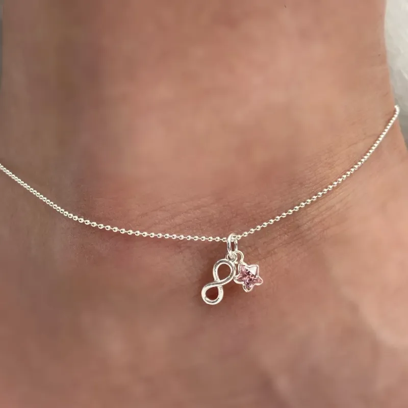 TORNOZELEIRA PRATA ESTRELA ROSA E INFINITO