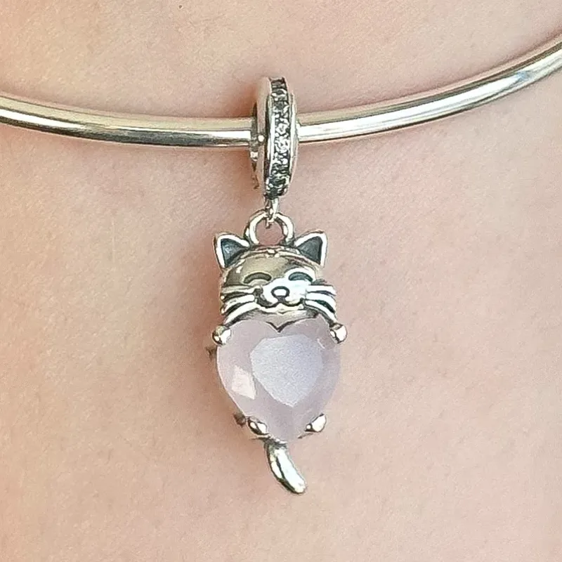 BERLOQUE PRATA GATINHO CORAÇÃO ROSA FOSCO