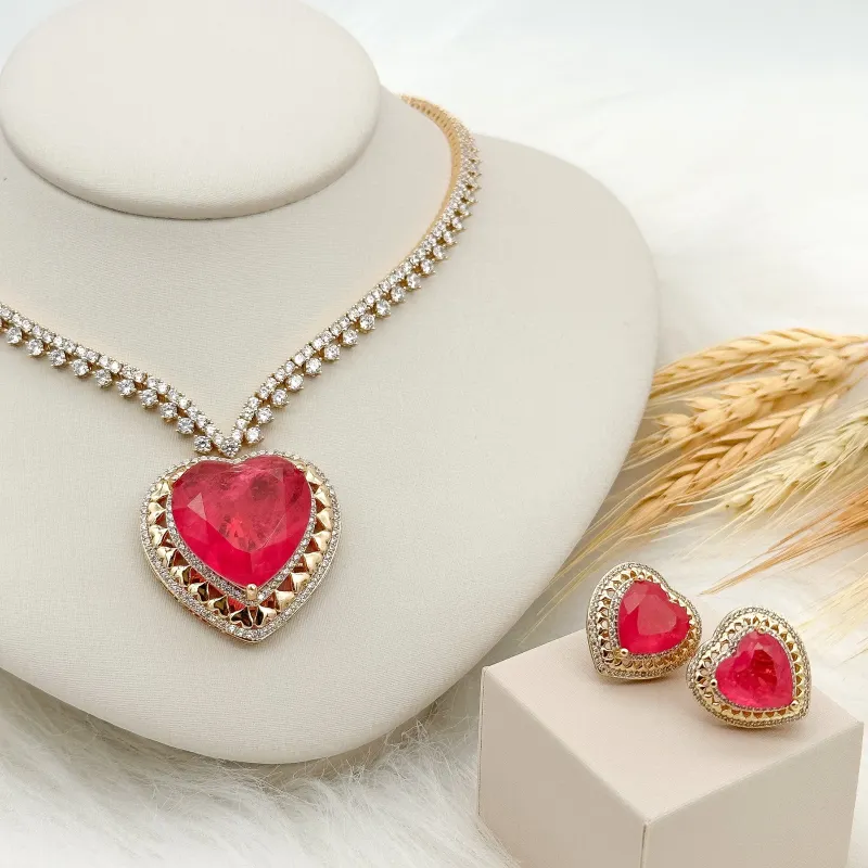 CONJUNTO RIVIERA CORAÇÃO FUSION ROSA CRAVEJADO