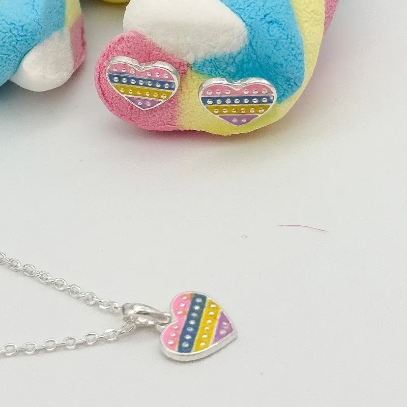 CONJUNTO PRATA INFANTIL CORAÇÃO COLORS