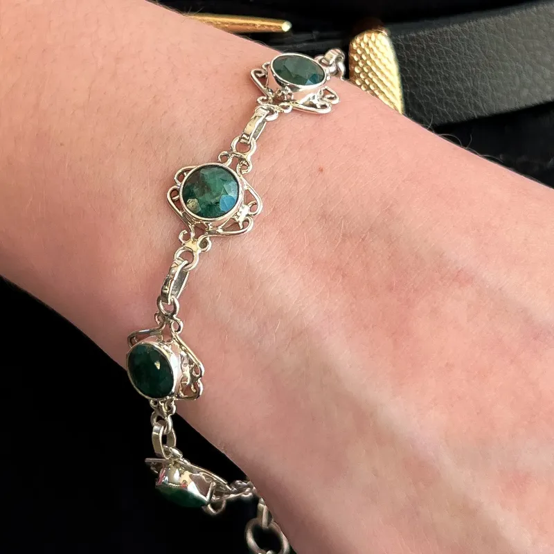 PULSEIRA PRATA PEDRA ESMERALDA NATURAL
