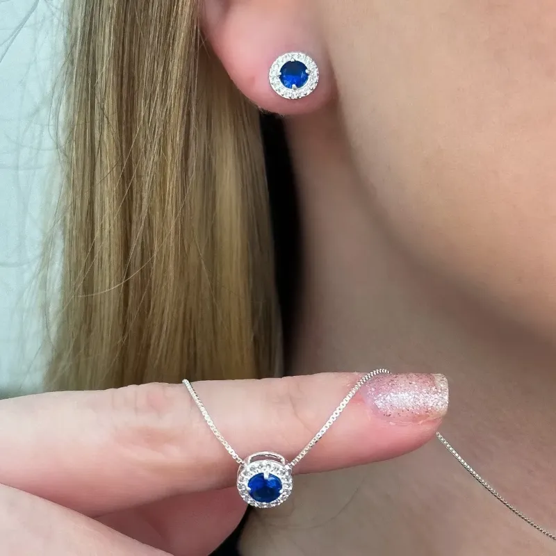 CONJUNTO PRATA CRAVEJADO PEDRA AZUL SAFIRA
