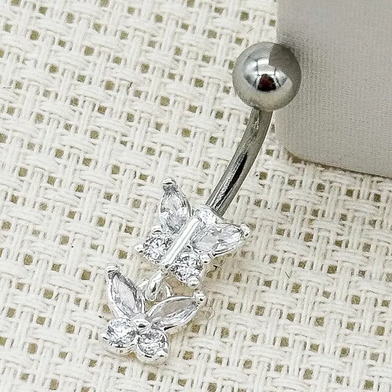 PIERCING PRATA UMBIGO  2 BORBOLETAS PEDRAS CRISTAIS