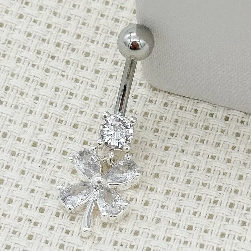 PIERCING PRATA UMBIGO TREVO PEDRA CRISTAL