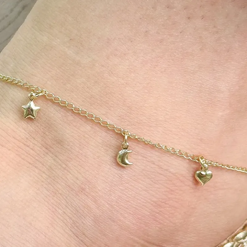 TORNOZELEIRA CORAÇÕES, LUA E ESTRELA