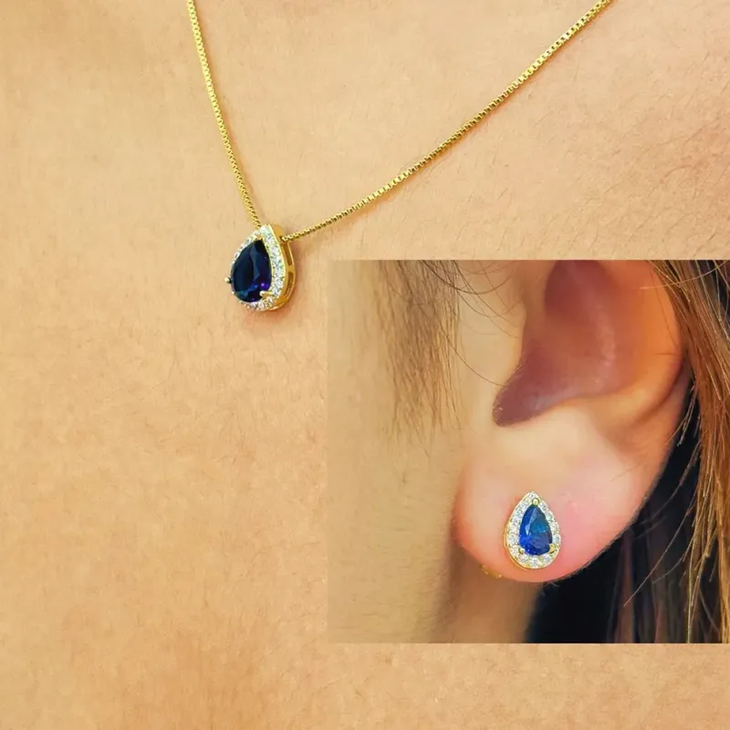 CONJUNTO CORAÇÃO GOTA SAFIRA BORDA CRAVEJADA